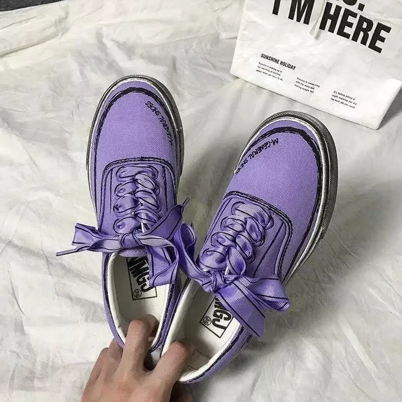 

Design Women Letter Print Purple Shoes Brand Winter Girls Fresh Canvas Thick Heel Sneakers Student Casual Running Platform Shoes