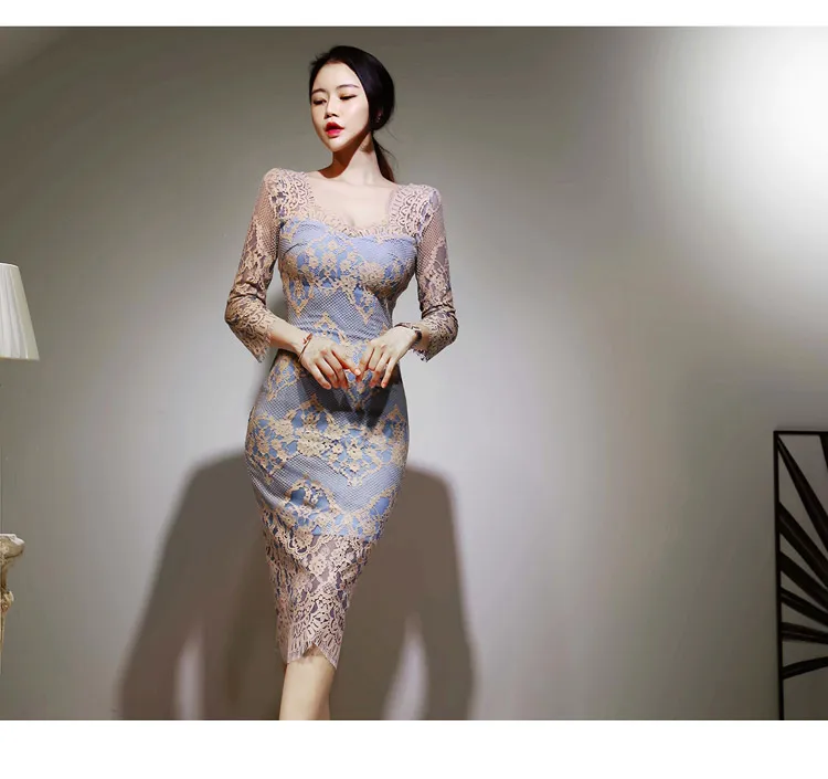 H Han queen Сексуальное Кружевное облегающее платье для женщин осенние открытые платья-карандаш, пэчворк OL элегантная офисная одежда Vestidos