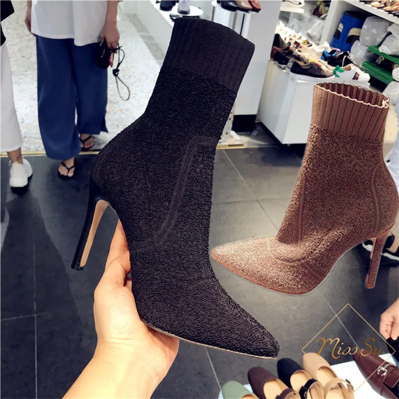 

INS Style Pointed Toe Sock Boots Knitted Stretch High Heels Women Boots Fashion Ankle Boots for Women Winter Shoes Stilettos