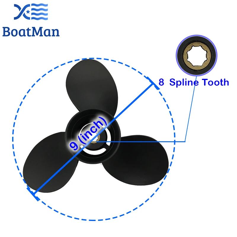 9x10.5 Aluminum Propeller For Mercury Outboard Motor 6HP 8HP 9.9HP 15HP 8 Tooth Spline 48-828158A12 Boat Accessories,marine propeller