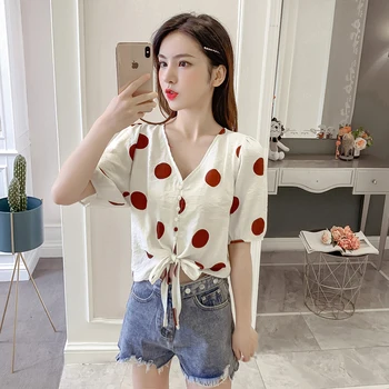 

COIGARSAM Short Sleeve Shirt Womens tops New Spring Summer Polka Chiffon V-Neck Women shirts Red Green Dot 399