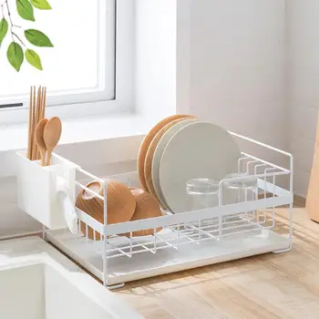 

Kitchen Dish Drainer Drying Rack Holder Plates Cup Tableware Bowl Shelf Basket Large capacity drainer with slots to hold dishes.