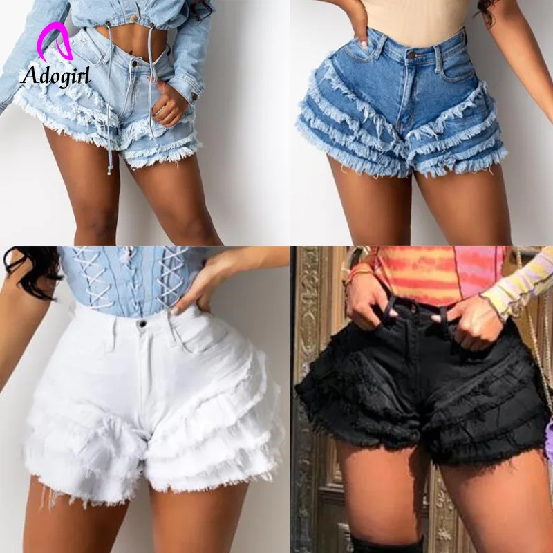 Distressed Ripped Women Denim Shorts High Waist Ruffle Flare Jeans 2021