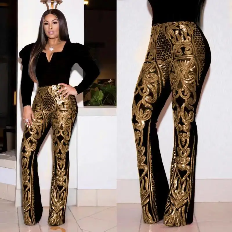 black pants Adogirl женские расклешенные брюки с цветочным рисунком и блестками, модные сексуальные брюки с высокой талией, наряды для ночного клуба, Рождественская форма - Цвет: black pants
