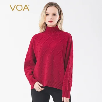 

VOA Pure Cashmere 7-Pin Red Stitched Rove off-Shoulder Long Sleeve 26 Pieces Two String Thread Turtleneck Loose Sweater RLB627