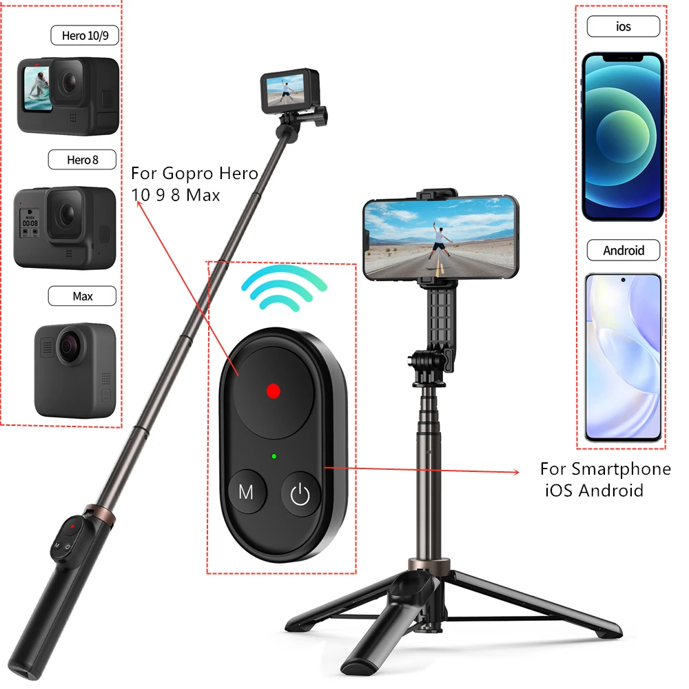 

TELESIN Wireless Remote Control Mount Aluminium Handheld Monopod Tripod For GoPro Hero 10 9 8 Max For Smartphone iOS Android