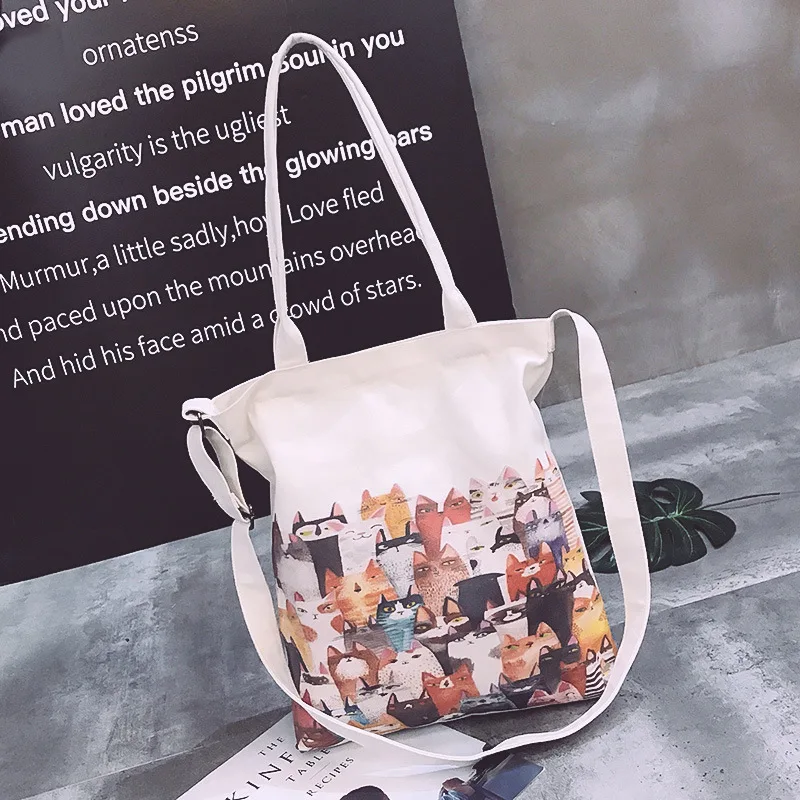 Женская Студенческая тканевая модная сумка на плечо с принтом кота из мультфильма, сумка-тоут, Эко сумка для покупок, Большая вместительная сумочка, сумка для покупок, пляжная сумка