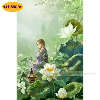 

DIY 5d Diamond Mosaic Beads Embroidery Kits Girl Lotus Flower Chinese Cross Stitch 3D Daimond Painting Flowers Decor Living Room