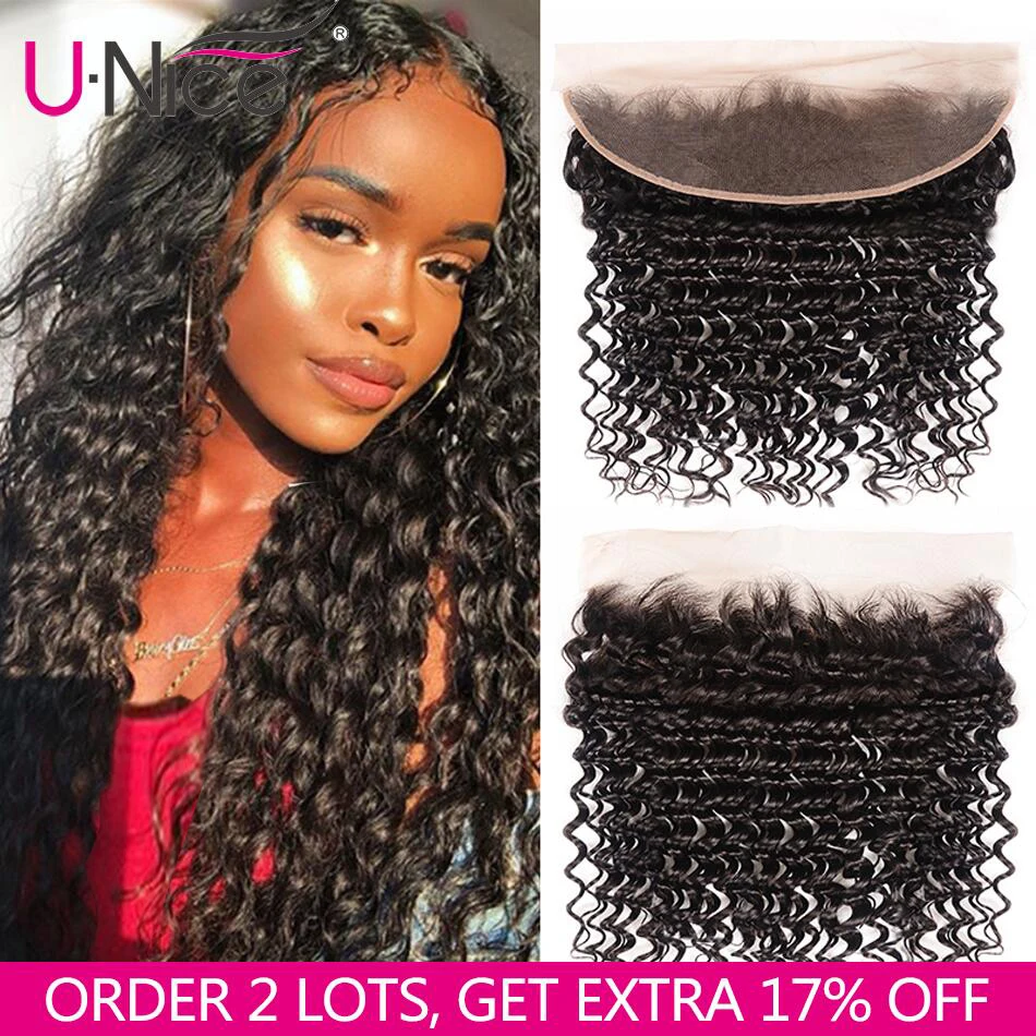 Unice Hair Brazilian Deep Wave Lace Frontal Closure 13*4 Ear To Pre Plucked 100% Human Natural Color Remy | Шиньоны и парики