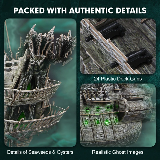 CubicFun 3D Puzzles Green LED Flying Dutchman Pirate Ship Model 360 Pieces Kits Lighting Building Ghost Sailboat Gifts for Adult 2