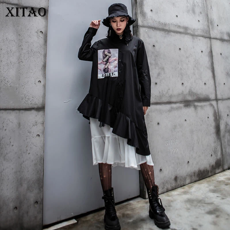 

XITAO Patchwork Print Letter Black Dress Women Clothes 2019 Fashion Hit Color Ruffle Dress Turn Down Collar Autumn New ZYQ1952