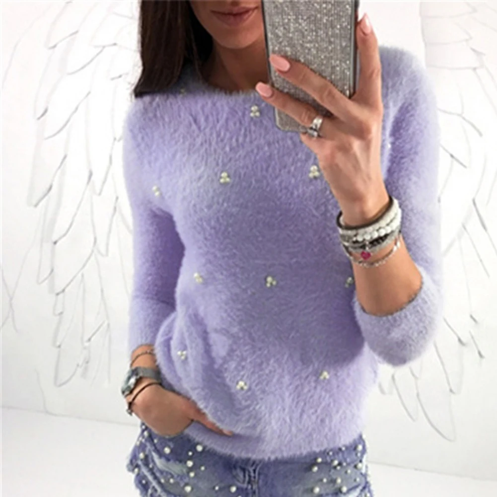 Hot Winter Women Fashion Faux Pearl Beading Solid Color Plush Long Sleeve Pullover Solid Color Warm Polyester Spandex pullover