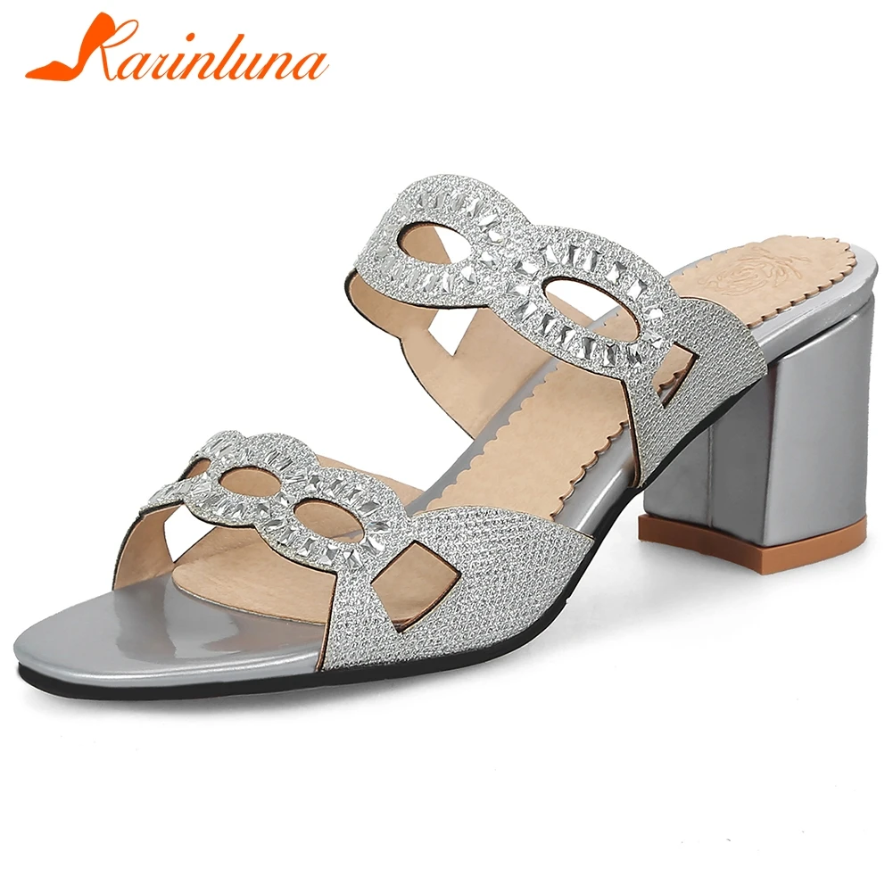 

KARINLUNA Summer Holiday slip-on Slippers Fashion Crystal High Heels Slippers Women Summer Daily Elegant Metallic Shoes Woman