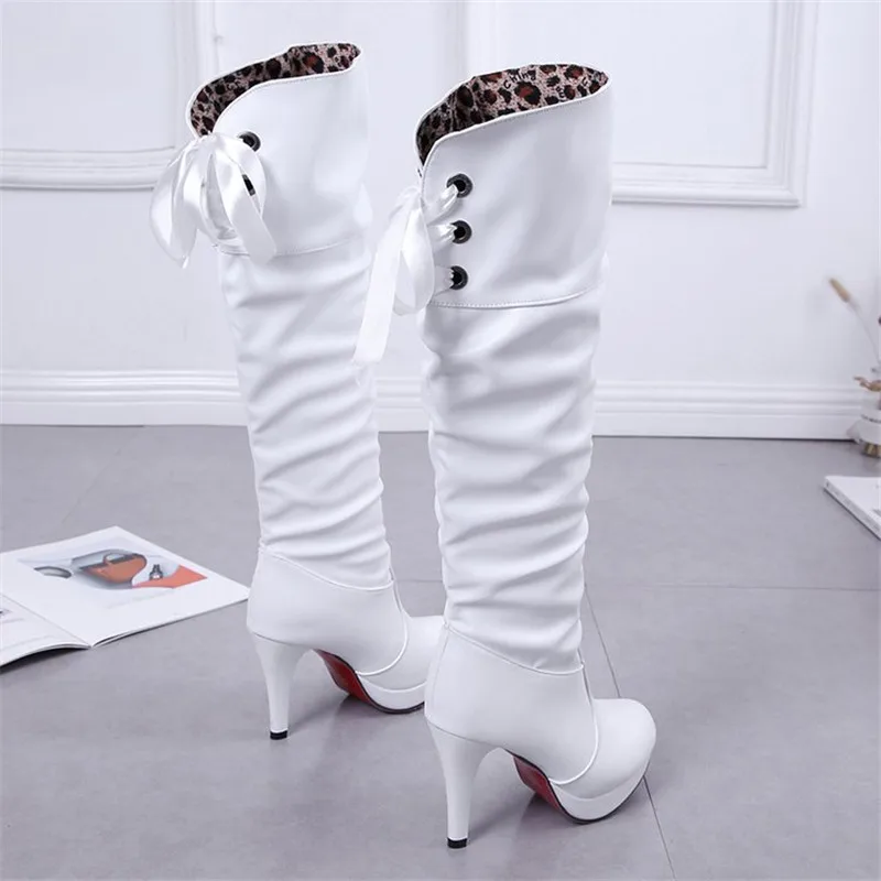 Женские сапоги выше колена на красной подошве пикантные зимние сапоги на высоком тонком каблуке Женская обувь на платформе Zapatos De Mujer Botas