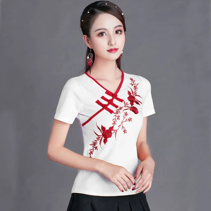 Cheongsam Womens Plus Size Short Tops Summer Fashion Cotton Blend Embroidery Cheongsam Slim fit Chinese Qipao Shirts Woman