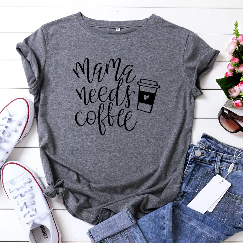 

100%Cotton S-5XL Summer Cartoon Mama Needs Coffee Women's T-shirt O-Neck Harajuku Top Casual Female T shirt Oversized Size