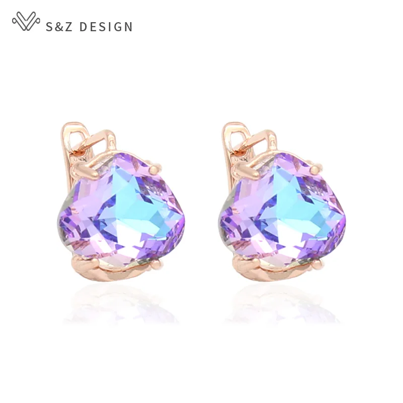 S&Z DESIGN New Fashion Heart-shaped Triangular Crystal Dangle Earrings For Women 585 Rose Gold Color Jewelry