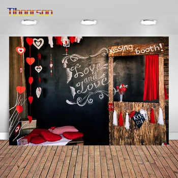 

Happy Valentine's Day Photography Backgrounds Red Heart Pendant Black Board Kissing Booth Wall Backdrops For Photocall