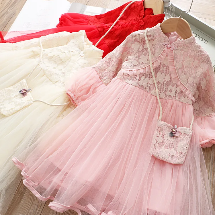 Весеннее платье для девочек, кружевное газовое Пышное Платье и кружевная Сумочка,, одежда для малышей