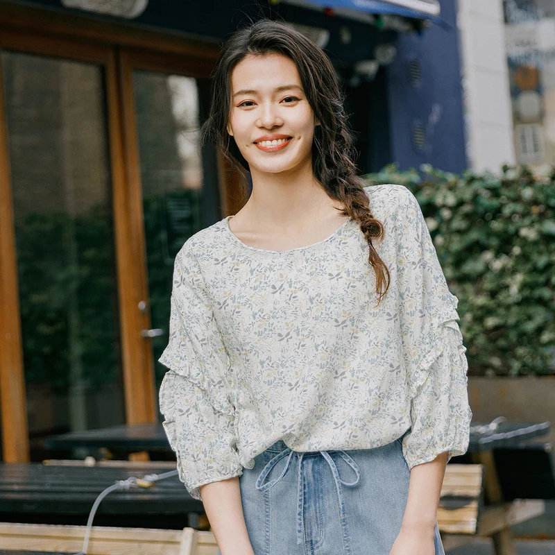 Kopen Inman 2020 Lente Nieuwe Collectie Literaire Ronde Kraag Lantaarn Mouwen Bloemen Pastorale Stijl Pure En Verse Blouse