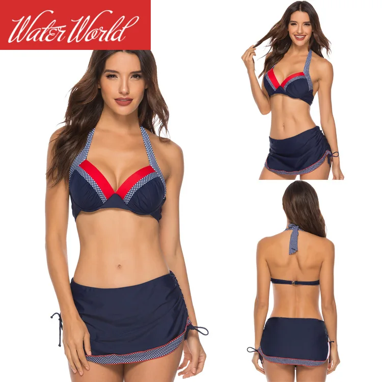 

2019 New Style Europe And America Foreign Trade Split Skirt Bikini Bathing Suit Skirt Bikini Navy Style Swimwear