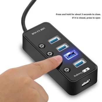 

4 Port USB 3.0 Hub Splitter Individual On/Off Switch with 1 USB Charging Port Power Adapter Office Supplies 110x44x24mm