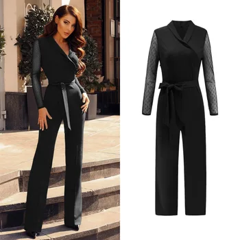 

Elegant Fashion Women Jumpsuit Romper With Sashes Solid Long Sleeve Mesh V Neck Jumpsuits Plus Size Outerwear