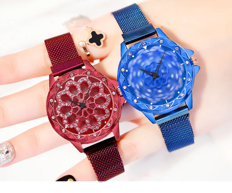 Роскошные женские часы из розового золота с магнитным вращением на 360 градусов кварцевые наручные часы для женщин женские наручные часы женские часы