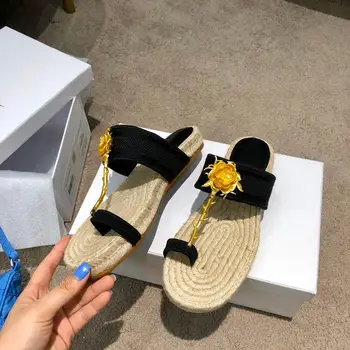 

2020 Shoes Women Straw Shoes Slides Metal Rose Women Shoes Embroidered Genuine Leather Shoes Non-Slip Slippers Summer Flip Flops