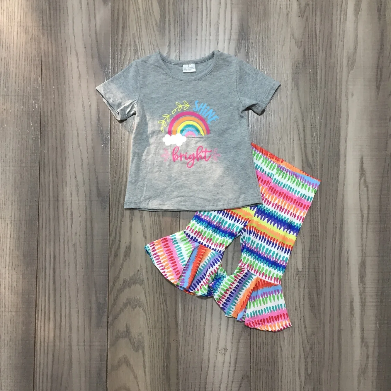Girlymax Spring/Summer Baby Girls Children Clothes Outfits Cotton Grey Top Stripe Capris Rainbow Shine Bright Ruffles | Детская одежда