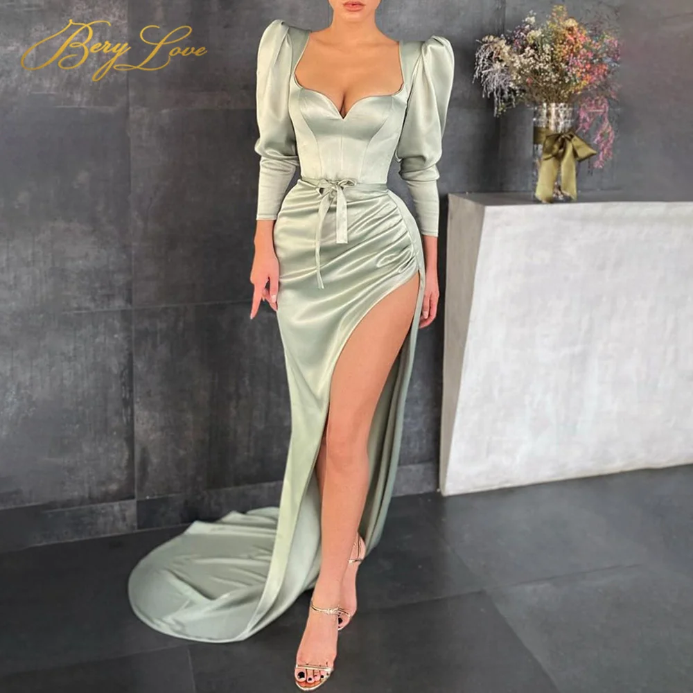 

Berylove Long Satin Evening Dresses Bishop Sleeve Sexy Sweetheart Mint Side Slit Elegant Evening Dress Bow Belt Robe de soiree