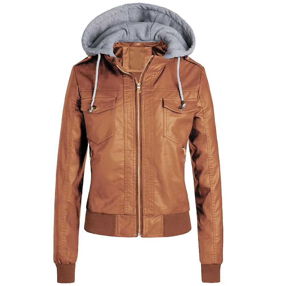 Winter Ladies Plush Hooded Short Faux Leather PU Jacket Girl Long Sleeve Plus Size Brown Biker Jacket Women Fashion Female Coat