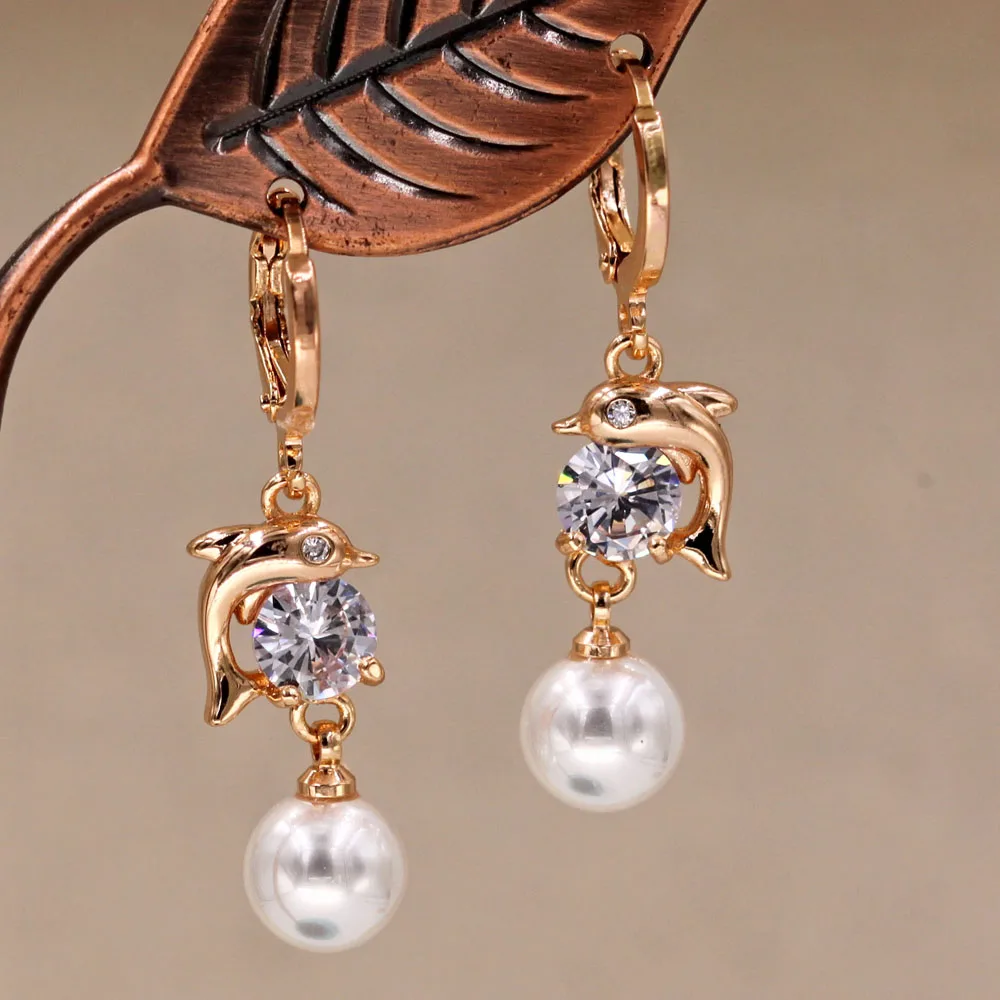 

Fashion Pearl earrings in Drop Earrings for Women's earrings Gold Filled Zircon Dangle Earrings Wedding Jewelry dolphin shape