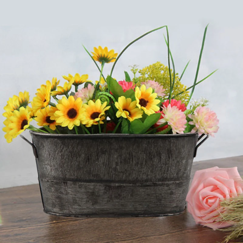 Retro Iron Flower Pot Plant Bucket Oval Planter Home Garden Balcony Decorations For Home Diy Tools Parts
