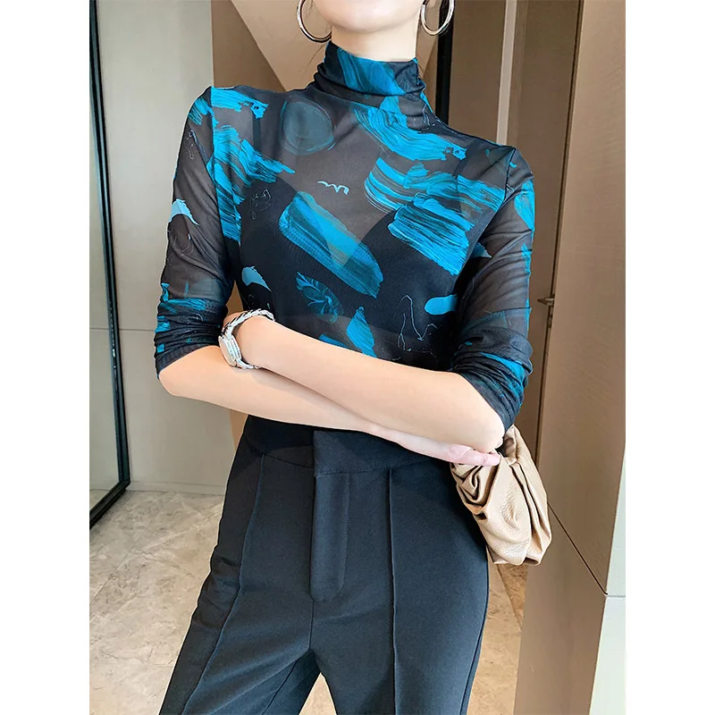 

Women's Korean-Style Fashionable and Elegant Printed T-shirt Mesh Turtleneck Slim Fit for Autumn and Winter 2020 clothes women