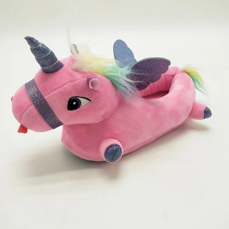 Единорог Тапочки Licorne Led кровать белый на плоской подошве зимние теплые меховые плюшевые для взрослых мультфильм женщин унисекс домашняя обувь милая - Цвет: pink no light