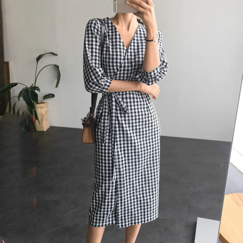 

2020 New Spring Autumn Women Plaid Dress Lace Up Bow Wrap V-Neck Three Quarter Sleeve High Waist Casual One Piece Dresses