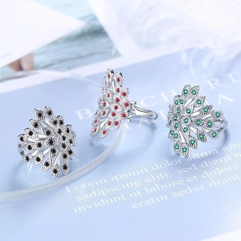 

KOFSAC Creative 925 Sterling Silver Rings For Women Jewelry Exquisite Zircon Peacock Spread Its Wings Ring Lady Anniversary Gift
