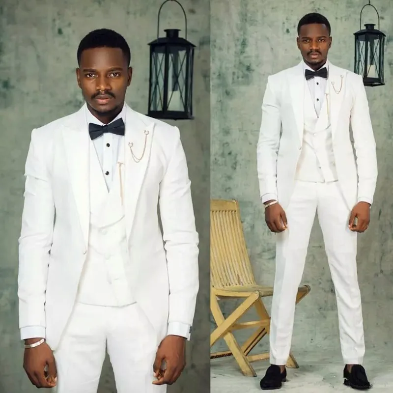 

Customize White Man Suits Groom Wear Wedding Tuxedos Blazer 3Pieces Slim Fit Male Peaked Lapel Menswear( Jacket+Pant+Vest）