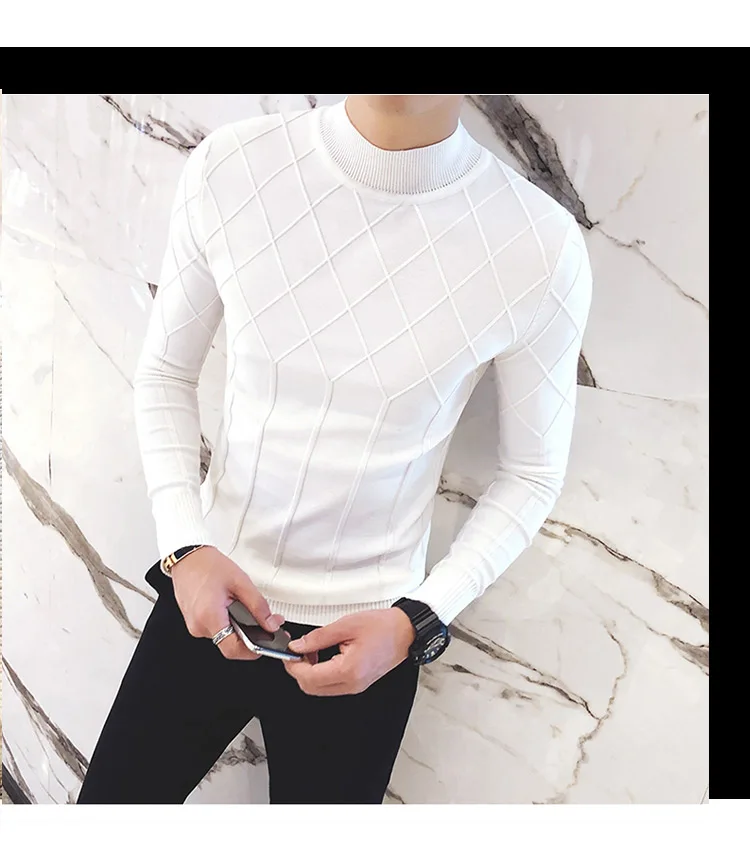 Осенне-зимний теплый модный клетчатый мужской повседневный деловой свитер с высоким воротом, мужской вязаный шерстяной свитер, белый серый черный