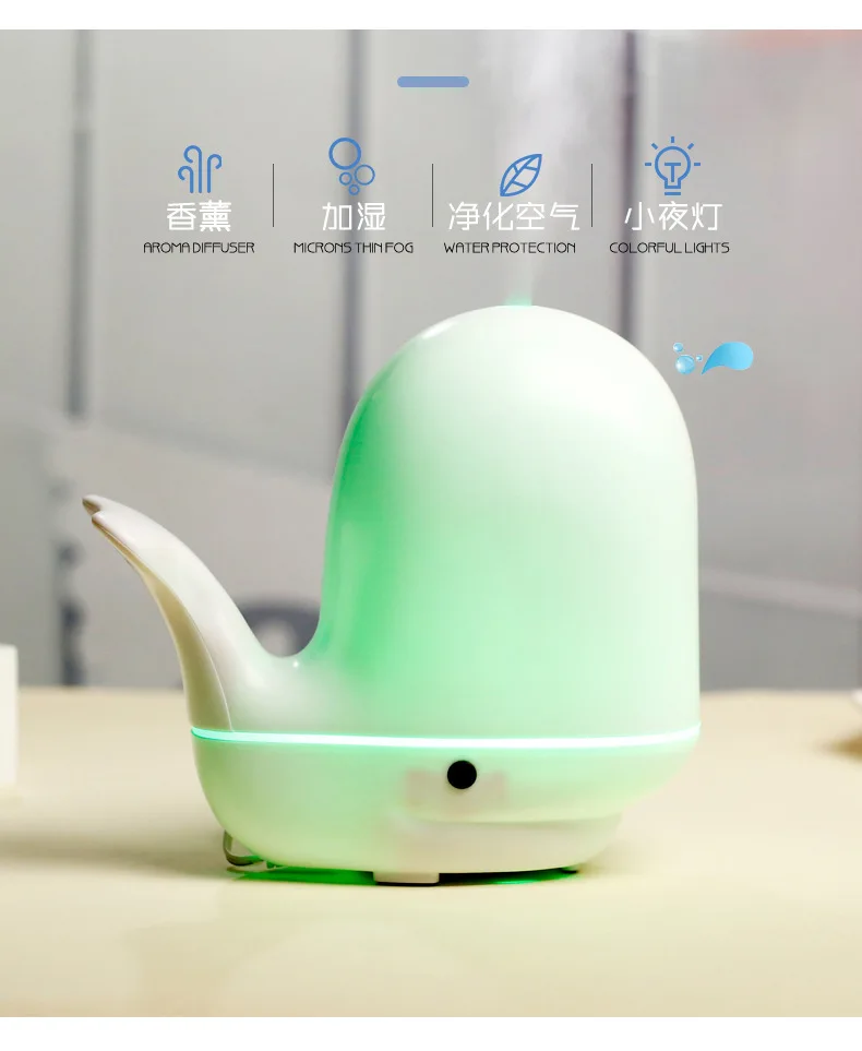 Whale Ultrasonic Cartoon Colorful Pat Night Light for Home& Office Use Customizable New Style Creative Aroma Diffuser