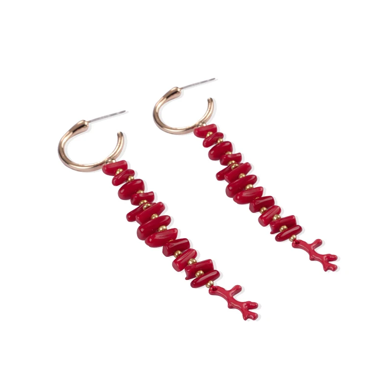 Red Coral Dangle Earrings Bohemia
