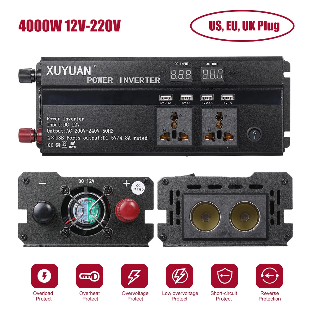 Автомобильный инвертор 3000W 4000W 5000W 12 V/24 V 110/220V Инвертор постоянного тока в переменный Мощность инвертор двойной светодиодный Дисплей Авто Напряжение трансформатор конвертер - Название цвета: 4000W 12V-220V 50Hz
