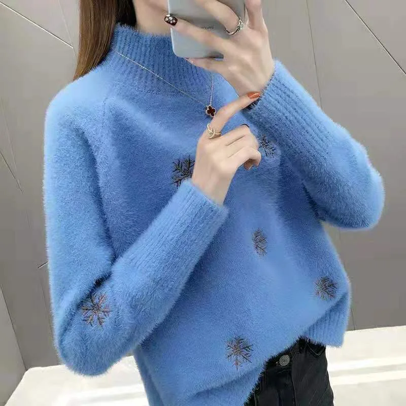 Женский теплый пуловер, зимний свитер высокого качества, мягкий мохеровый топ со снежинками, Осенний Повседневный бархатный толстый вязаный свитер 3XL - Цвет: Синий