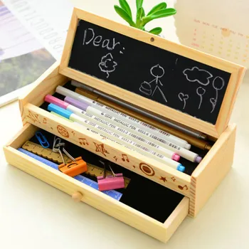 

Wooden Pencil Case 2 Layer Large Capacity Pen Holder with Black Board for Student School FP8