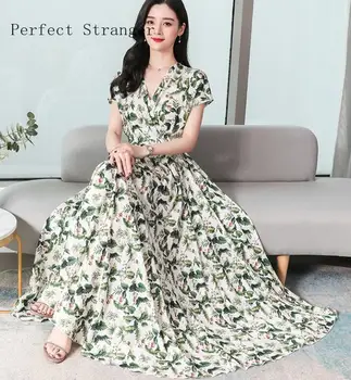 

2020 Summer New Arrival Plus Size S-3XL Elegant V Collar Short Sleeve Flower Printed Women Chiffon Long Dress