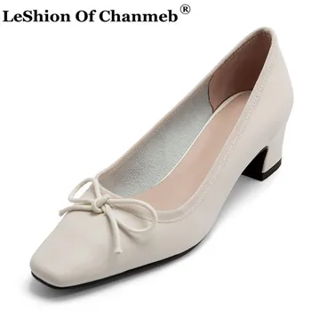 

Real Cow Leather Shoes Women Square Heels Small Size 33 Office Ladies Pumps Woman Sweet Butterfly Knot Shoes Spring Autumn Pumps
