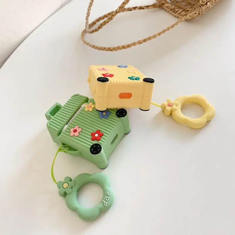 Beautiful Flower Suitacese Pattern Soft Silicone Protective Cover Shockproof Case Skin with Lanyard for Airpods 1/2 Charging Box