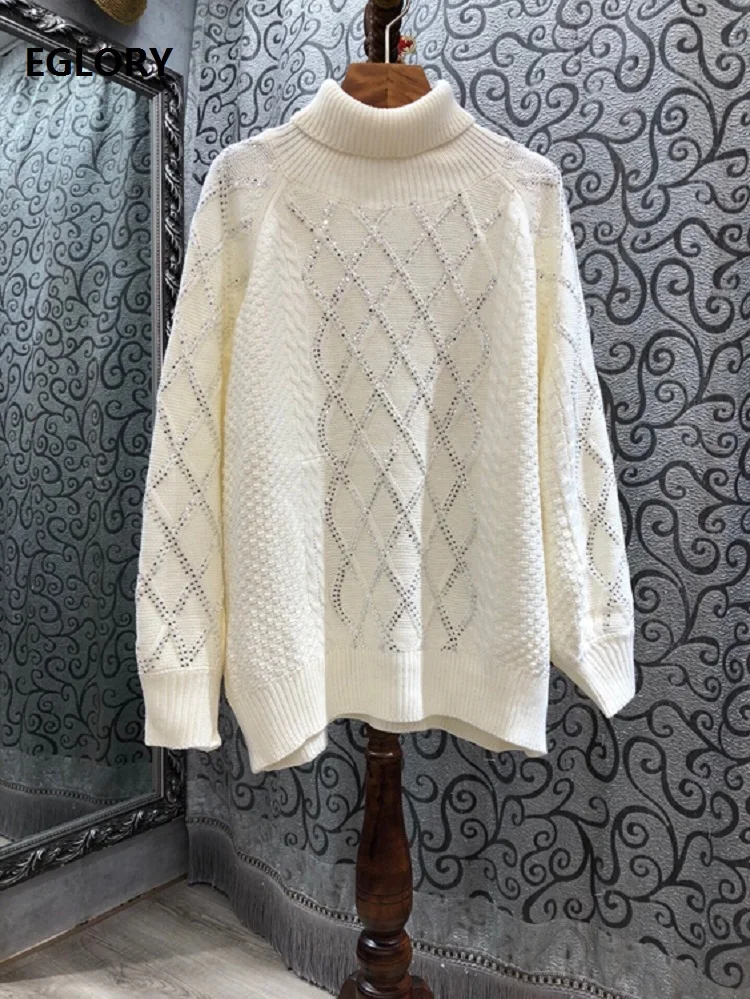 

Turtleneck Sweaters 2020 Autumn Winter Warm Tops Women Geometric Patterns Knitting Sequined Deco Long Sleeve Loose Long Sweaters