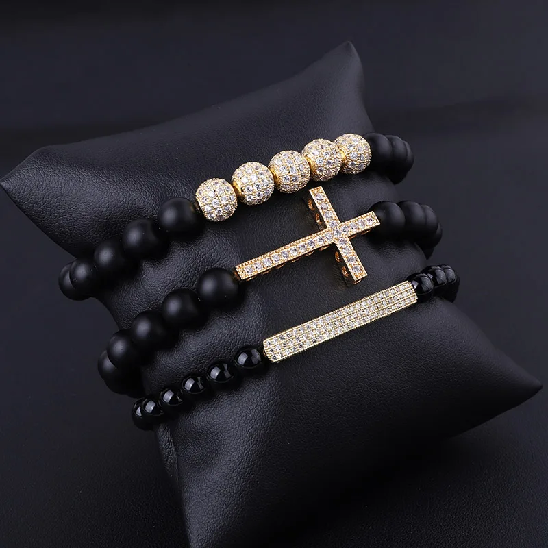 JARAVVI Natural Stone CZ Pave Cross Charm Matte Onyx Elastic Beads Bracelet Set Men Jewelry Gift - Image 2